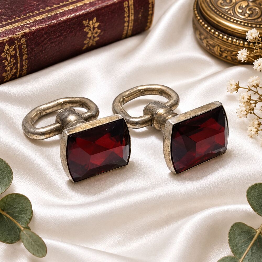 Vintage Hickok Garnet Red Glass Stone Gold Tone Cuff Links Signed